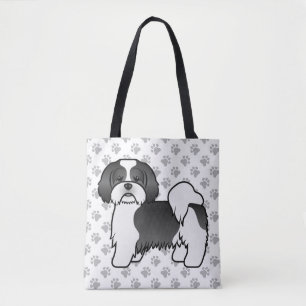 Schwarz-weiß-Lhasa-Apso-Cartoon-Hund & Pfoten Tasche