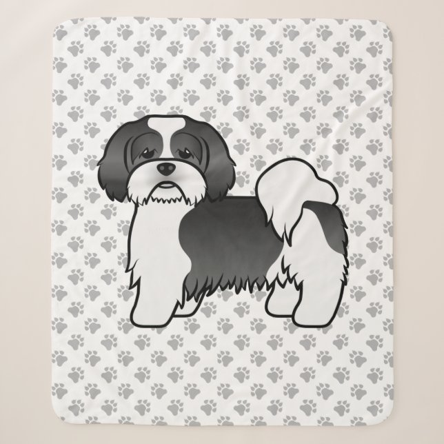 Schwarz-Weiß Lhasa Apso Niedlicher Cartoon Dog Sherpadecke (Vorderseite)
