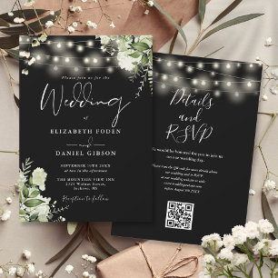 Schwarz-Weiß-Lichter Floral QR-Code-Hochzeit Einladung