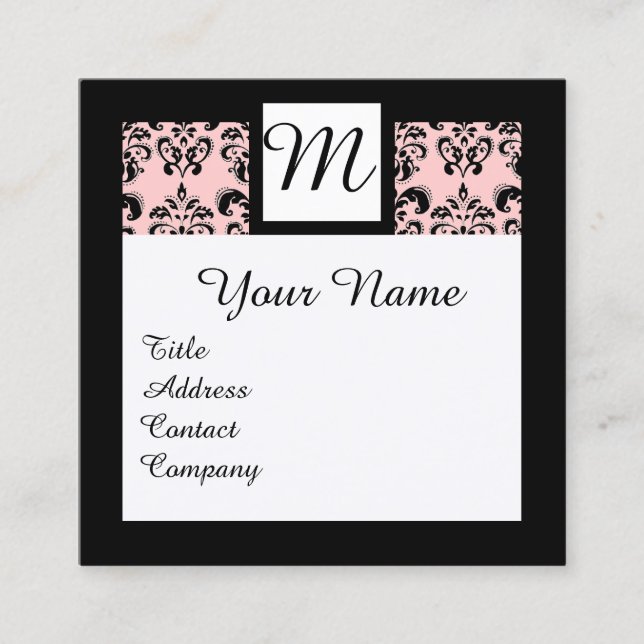 SCHWARZ-WEISS LICHTPINK DAMASK SQUARE MONOGRAMM QUADRATISCHE VISITENKARTE (Vorderseite)