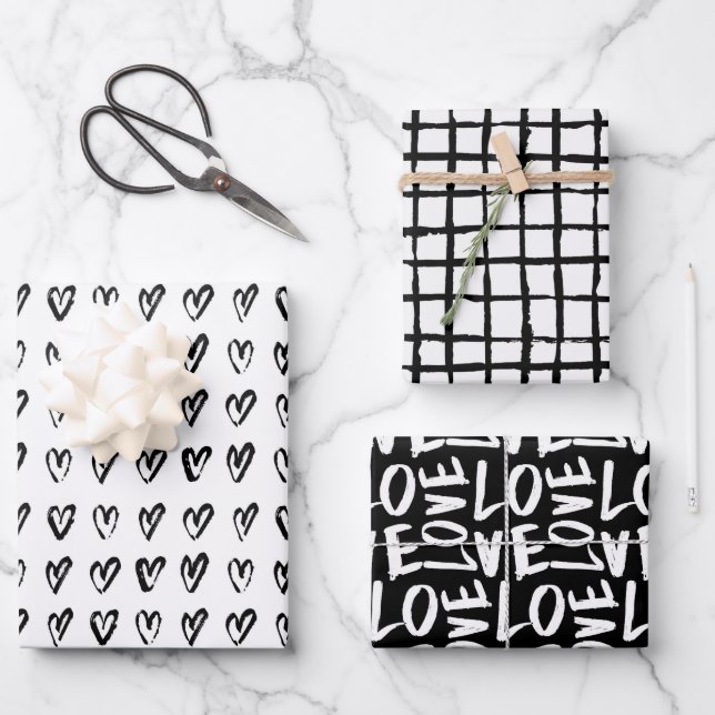 Schwarz-Weiß-Liebe für moderne Herzen Geschenkpapier Set (Vorderseite)