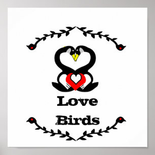 Schwarz-Weiß-Liebesvögel mit Liebe Herz Poster