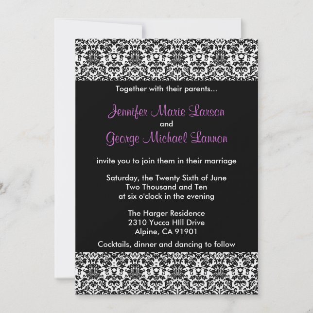 Schwarz/Weiß/Lila Damask Hochzeitseinladung Einladung (Vorderseite)
