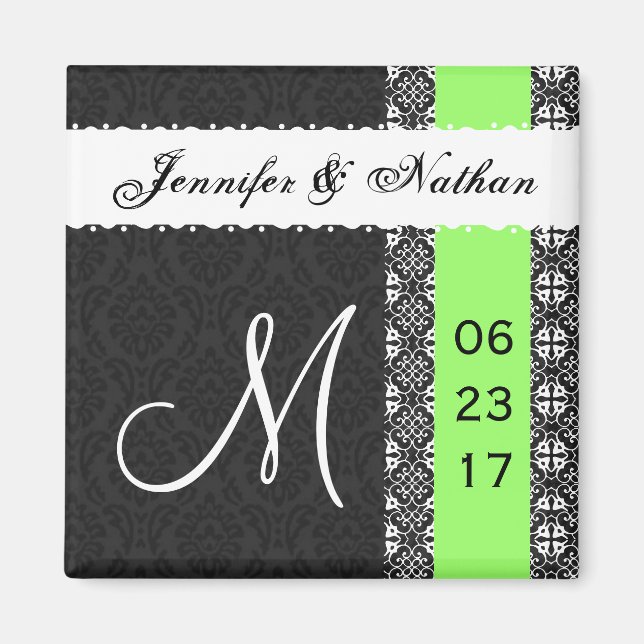Schwarz-weiß Lime Green Damask Lace Wedding Magnet (Vorne)