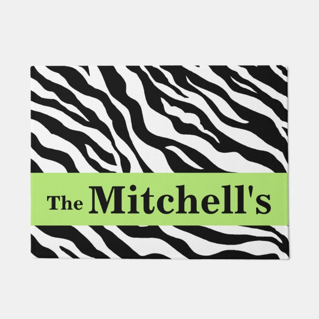 Schwarz-weiß Lime Green Zebra Skin Name personalis Fußmatte (Vorderseite)