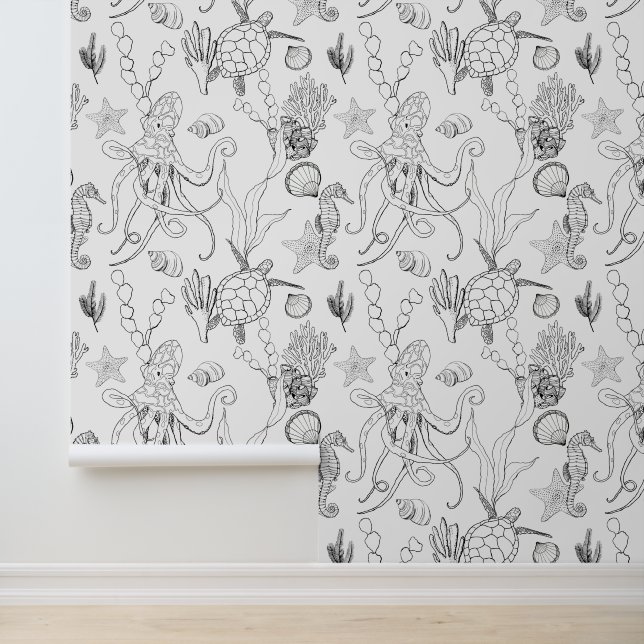 Schwarz-Weiß-LIne Art Sea Lebensmuster Tapete (Anwendung)