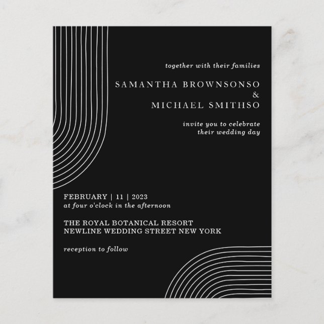 Schwarz-Weiß-Linien Art Geometric Moderne Hochzeit Flyer (Vorne)