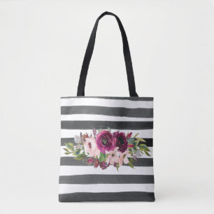 Schwarz-Weiß-Linien und Blumen Tasche