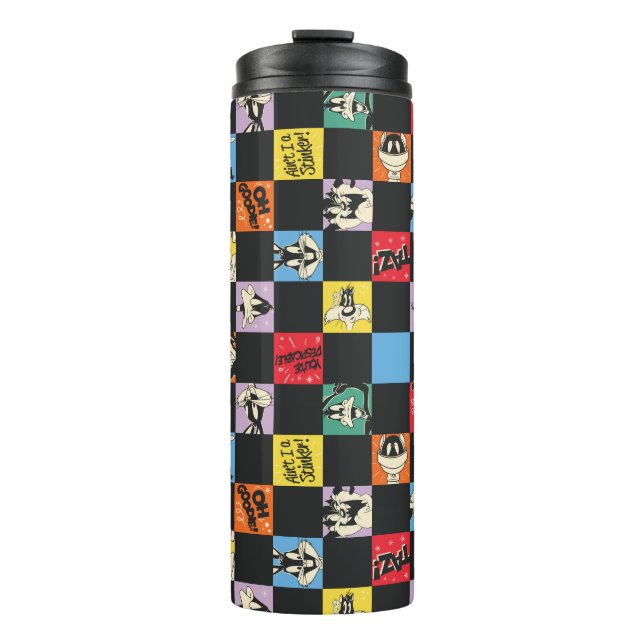 Schwarz-Weiß-LOONEY TUNES™ in bunten Schachbretter Thermosbecher (Vorderseite)