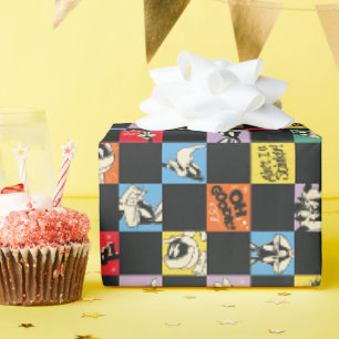 Schwarz-Weiß LOONEY TUNES™ in farbenfrohem Schachb Geschenkpapier