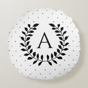 Schwarz-Weiß-Lorbeer-Monogramm-Polka-Punkt-Muster Rundes Kissen