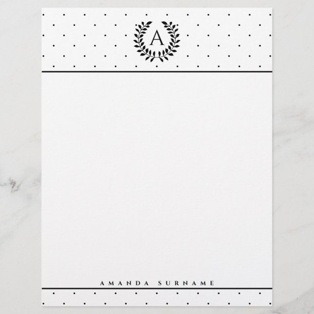Schwarz-Weiß-Lorbeer-Monogramm-Punktmuster Briefbogen (Vorderseite)