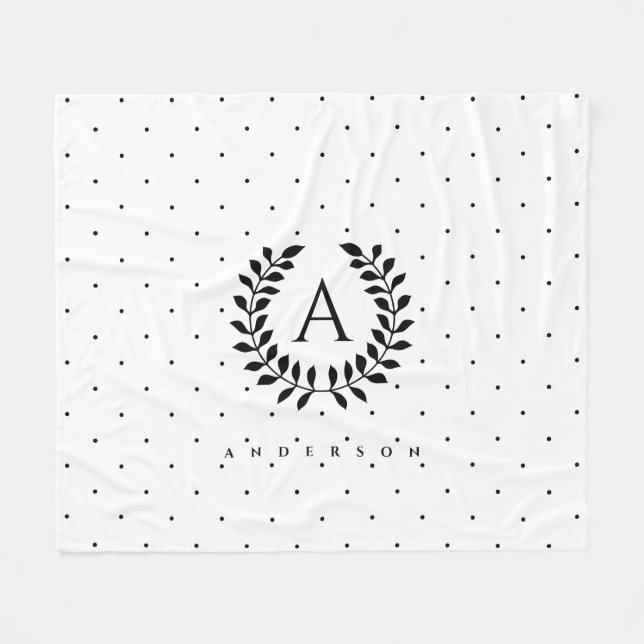 Schwarz-Weiß-Lorbeer-Monogramm-Punktmuster Fleecedecke (Vorderseite (Horizontal))