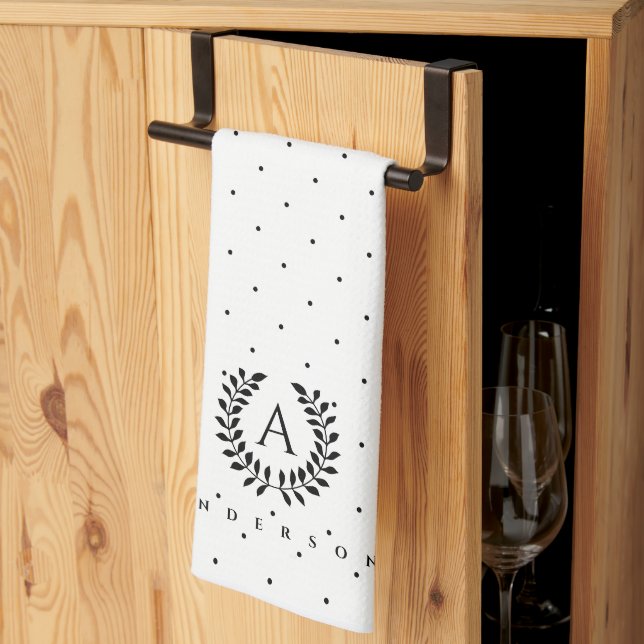 Schwarz-Weiß-Lorbeer-Monogramm-Punktmuster Geschirrtuch (Drittel gefaltet)