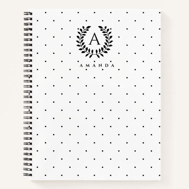 Schwarz-Weiß-Lorbeer-Monogramm-Punktmuster Notizbuch (Vorderseite)