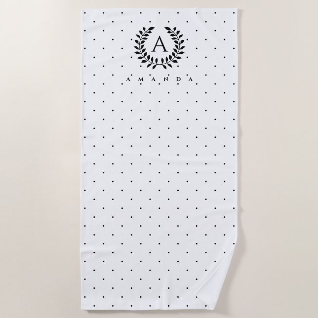 Schwarz-Weiß-Lorbeer-Monogramm-Punktmuster Strandtuch (Vorderseite)