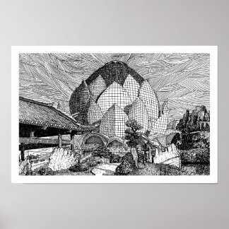 Schwarz-weiß-Lotus-Architektur-Linienkunst-Druck. Poster