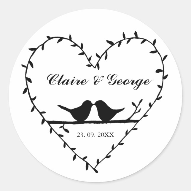 Schwarz-Weiß-Lovebird-Custom-Hochzeit im Herbst be Runder Aufkleber (Vorderseite)
