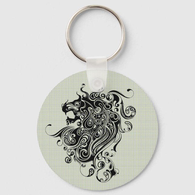 Schwarz-Weiß-Löwe Head-Tattoo-Style Schlüsselanhänger (Vorderseite)