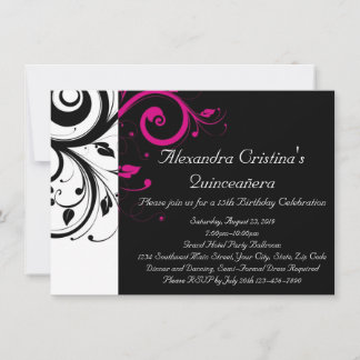 Schwarz, Weiß, Magenta Swirl Quinceañera Einladung