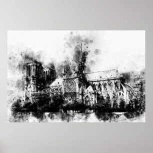 Schwarz-Weiß-Malerei der Kathedrale Notre Dame Poster