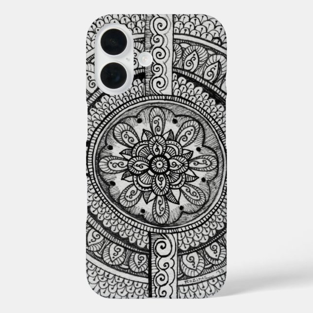 Schwarz-Weiß-Mandala-Blume Gemustert iPhone 16 Hülle (Rückseite)