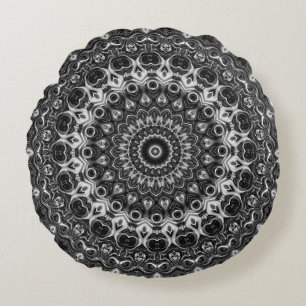 Schwarz-Weiß-Mandala-Geometrie-Design Rundes Kissen
