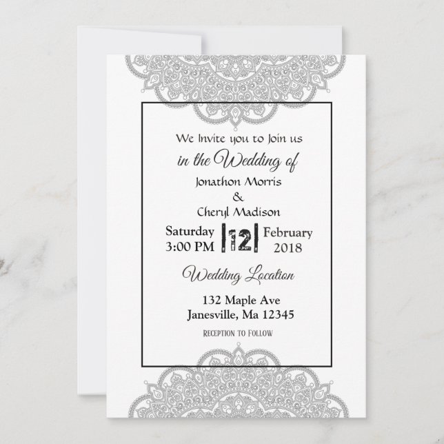 Schwarz-Weiß-Mandala-Hochzeitseinladungen Einladung (Vorderseite)
