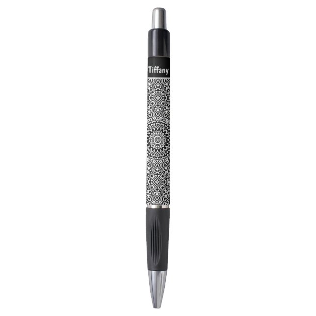 Schwarz-Weiß-Mandala-Pattern-Pen mit Namen Kugelschreiber (Vorderseite Vertikal)