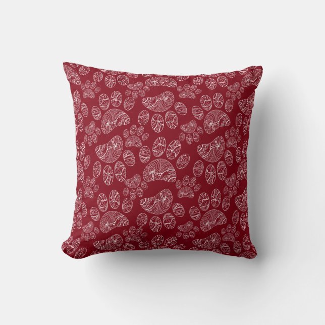 Schwarz-Weiß-Mandala-Paw-Druckmuster Rot Kissen (Vorderseite)
