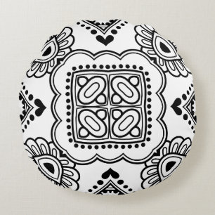 Schwarz-weiß-Mandala-Rahmenmuster Rundes Kissen