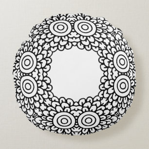 Schwarz-Weiß-Mandala-Rahmenmuster Rundes Kissen