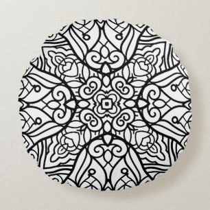 Schwarz-Weiß-Mandala-Rahmenmuster Rundes Kissen