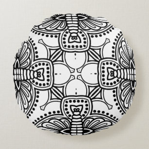 Schwarz-Weiß-Mandala-Rahmenmuster Rundes Kissen