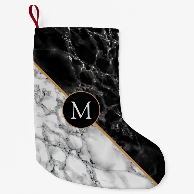 Schwarz-weiß Marble Monogram Weihnachts-Strumpf Kleiner Weihnachtsstrumpf (Vorderseite)