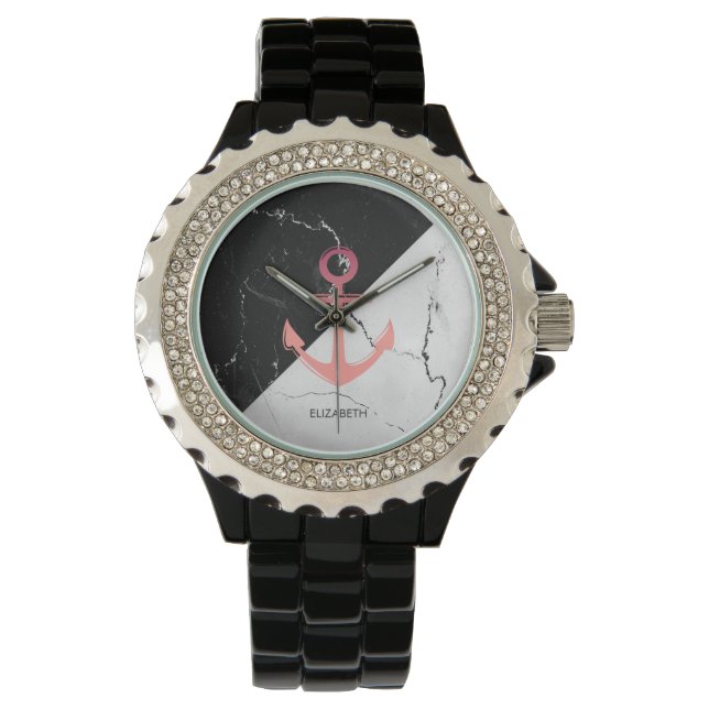 Schwarz-Weiß-Marmor-Anker Armbanduhr (Vorderseite)
