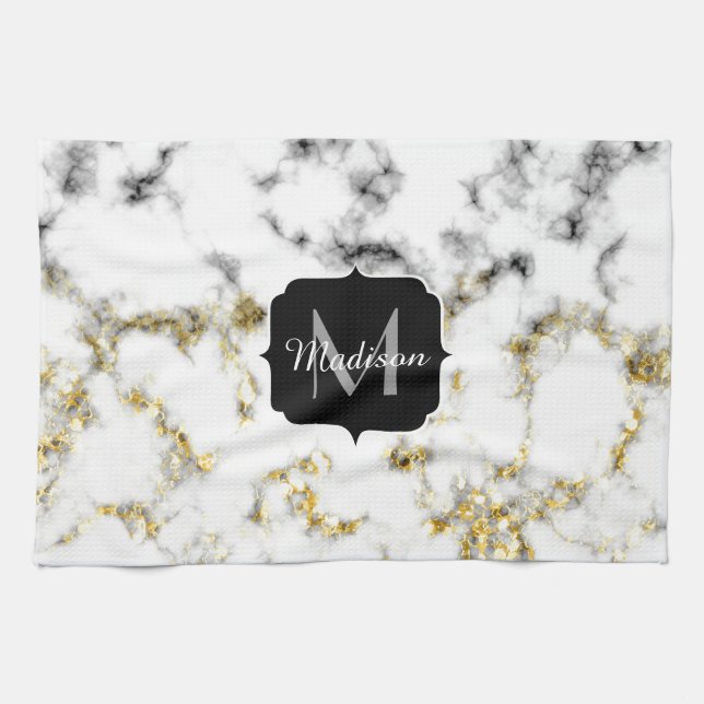 Schwarz-Weiß-Marmor-Gold-Funkelflake Monogram Geschirrtuch (Horizontal)