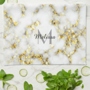Schwarz-Weiß-Marmor-Gold-Funkelflake Monogram Geschirrtuch