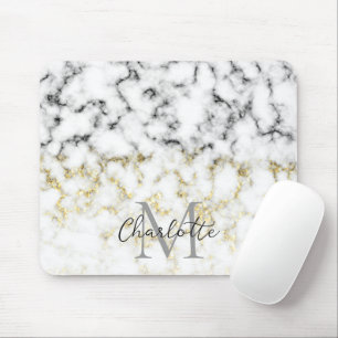 Schwarz-Weiß-Marmor-Gold-Funkelflake Monogram Mousepad