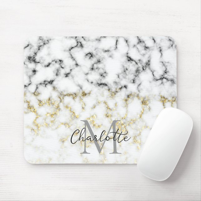 Schwarz-Weiß-Marmor-Gold-Funkelflake Monogram Mousepad (Mit Mouse)