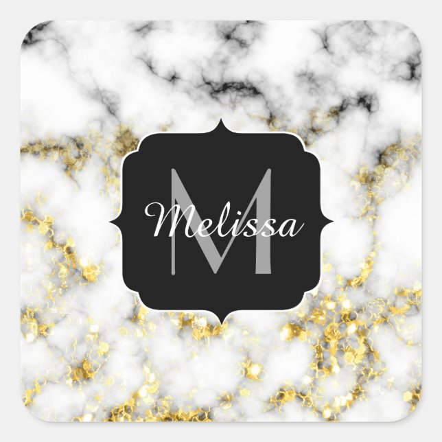Schwarz-Weiß-Marmor-Gold-Funkelflake Monogram Quadratischer Aufkleber (Vorderseite)