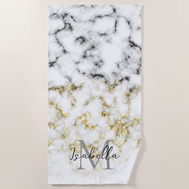 Schwarz-Weiß-Marmor-Gold-Funkelflake Monogram Strandtuch (Vorderseite)