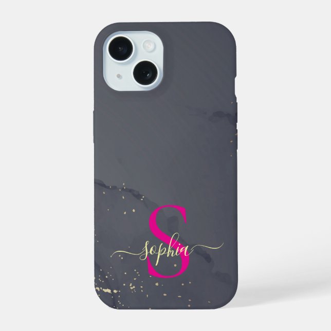 Schwarz-Weiß-Marmor Gold-Glitter-Monogramm iPhone 15 Hülle (Rückseite)