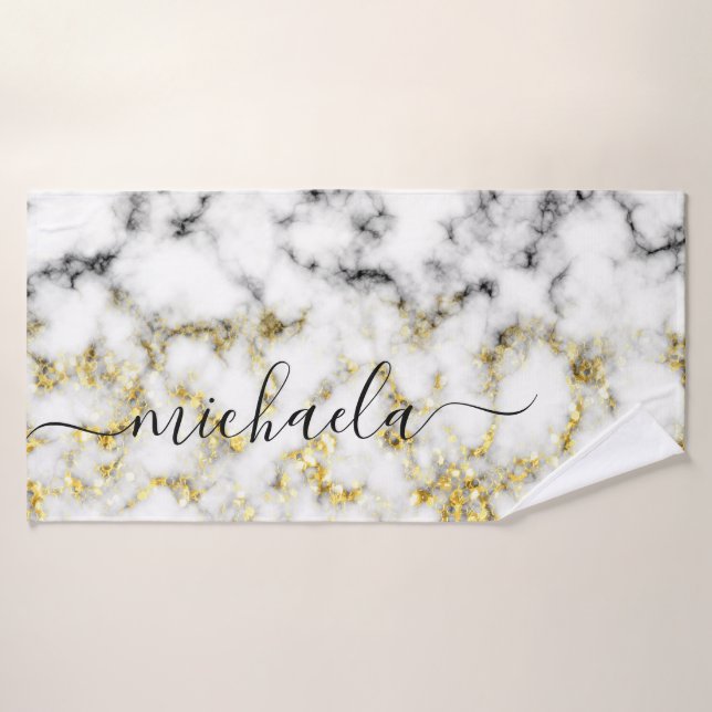 Schwarz-Weiß-Marmor-Individuelle Name Badehandtuch (Badehandtuch)
