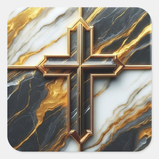 Schwarz-Weiß-Marmor-Kreuz mit Gold Quadratischer Aufkleber (Vorderseite)