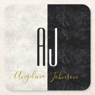 Schwarz-Weiß-Marmor Mit Monogramm Rechteckiger Pappuntersetzer