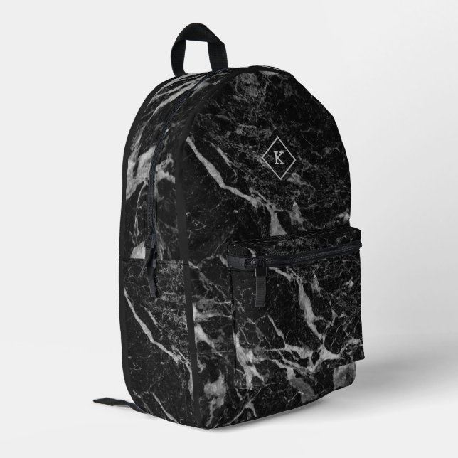 Schwarz-Weiß-Marmor | Monogramm Bedruckter Rucksack (Rückseitige Ecke links)