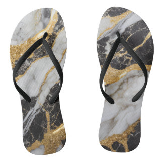 Schwarz-Weiß-Marmor-Muster mit Gold Flip Flops