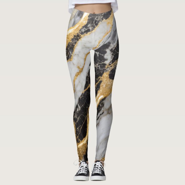 Schwarz-Weiß-Marmor-Muster mit Gold Leggings (Vorderseite)