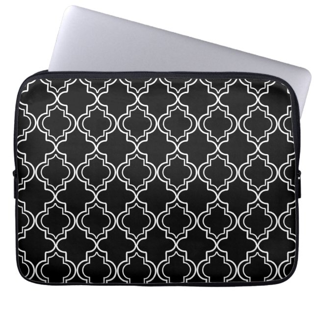 Schwarz-Weiß-Marokkanisch-Quatrefolie Laptopschutzhülle (Vorderseite)